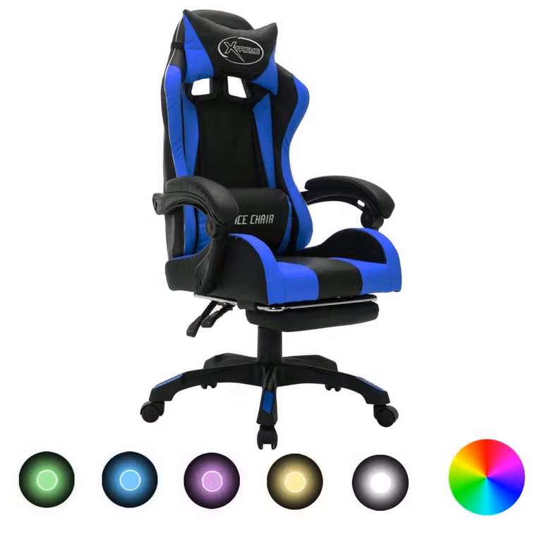Sedia da gioco con luci LED RGB in ecopelle blu e nera