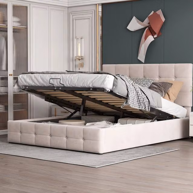 Letto imbottito 140x200 cm; contenitore salvaspazio; velluto; bianco crema (Senza materasso)