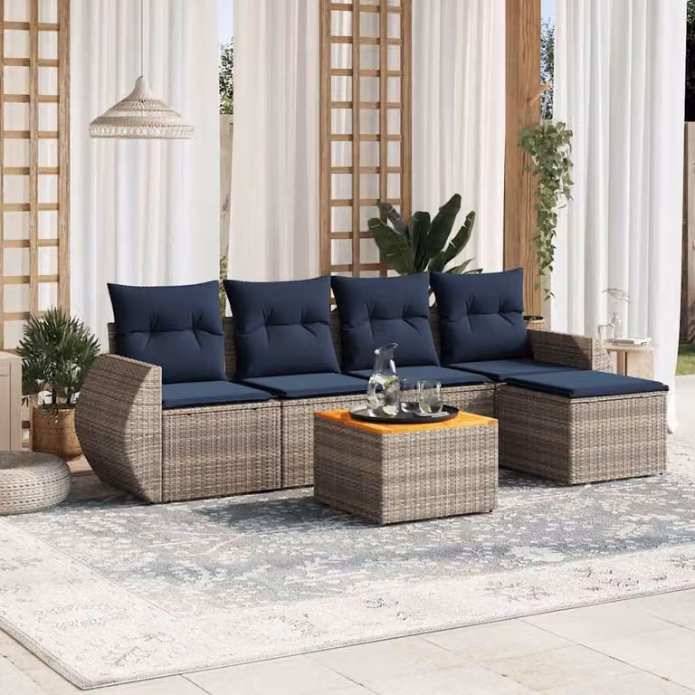 Set da giardino vidaXL in polyrattan da 6 pezzi con cuscini grigi e blu e tavolino da esterno
