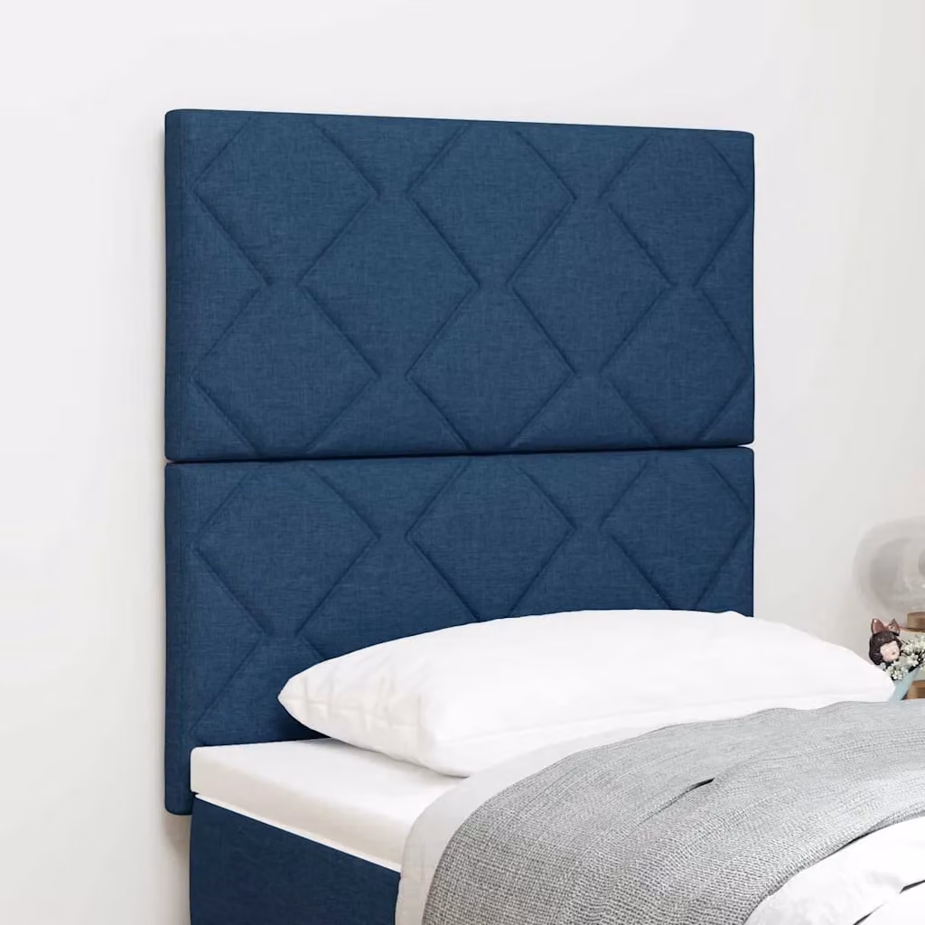 Testiera per letto moderna vidaXL in tessuto blu con pannello imbottito e struttura in legno e MDF, L: 128 cm, H: 80 cm, P: 7 cm