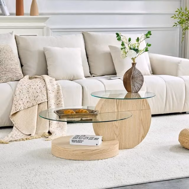 Tavolino da salotto rotondo WISHDOR in vetro trasparente e MDF beige con due livelli