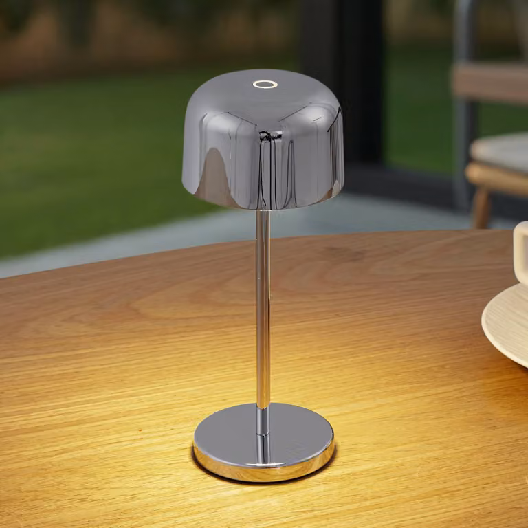 Lampada da tavolo LED ricaricabile Lucande Quill, cromata, CCT, dimmerabile Quill Lucande,, Cromo / Argento, Alluminio, Moderno