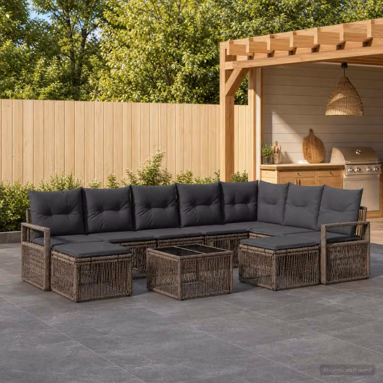 Set Divano da Giardino vidaXL 10 Pezzi a Forma di L Grigio con Poltrone, Tavolino e Cuscini in Polyrattan e Acciaio