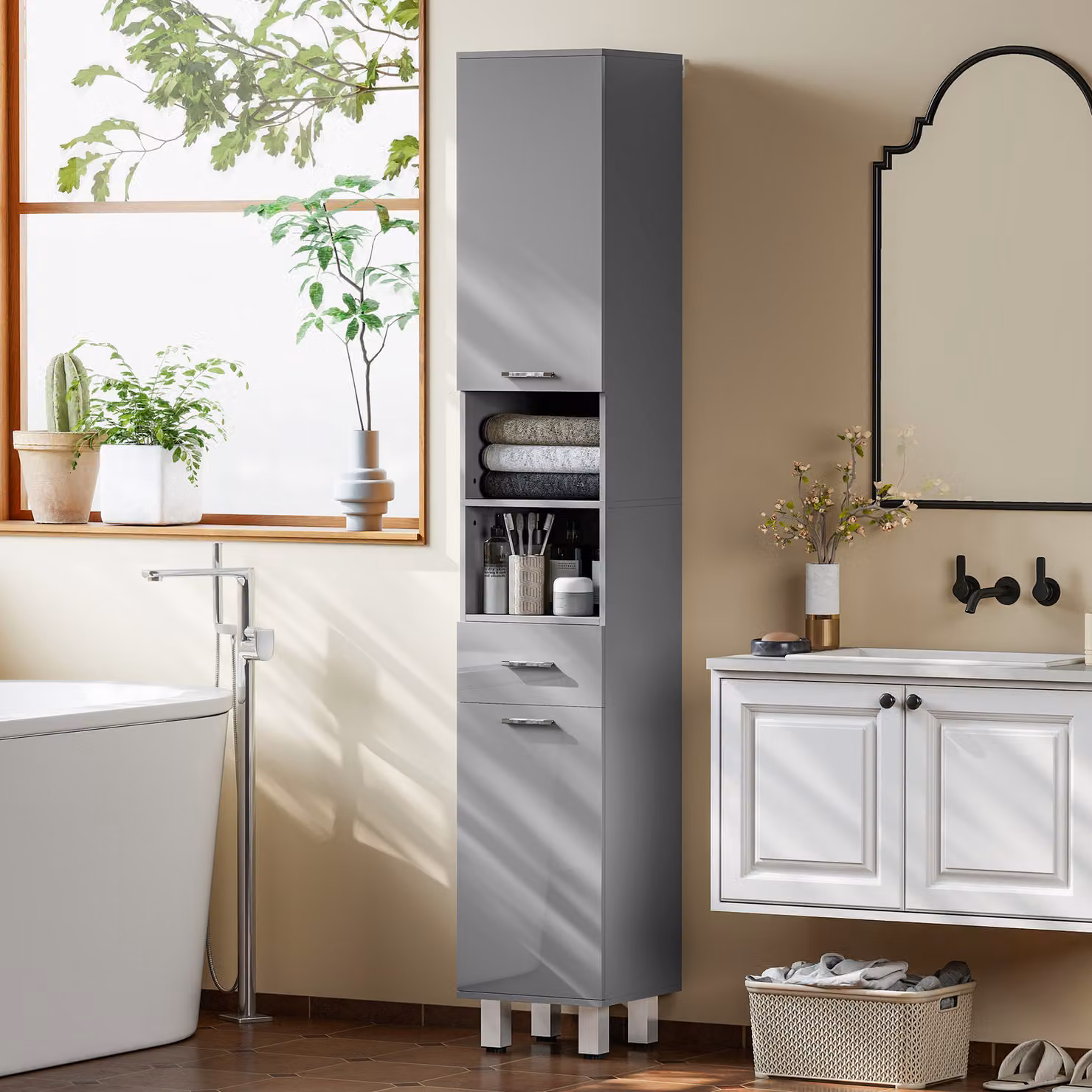 Armadietto da bagno kleankin con ripiani regolabili e cassetto, Grigio, L 30 x P 30 x H 180 cm – 2