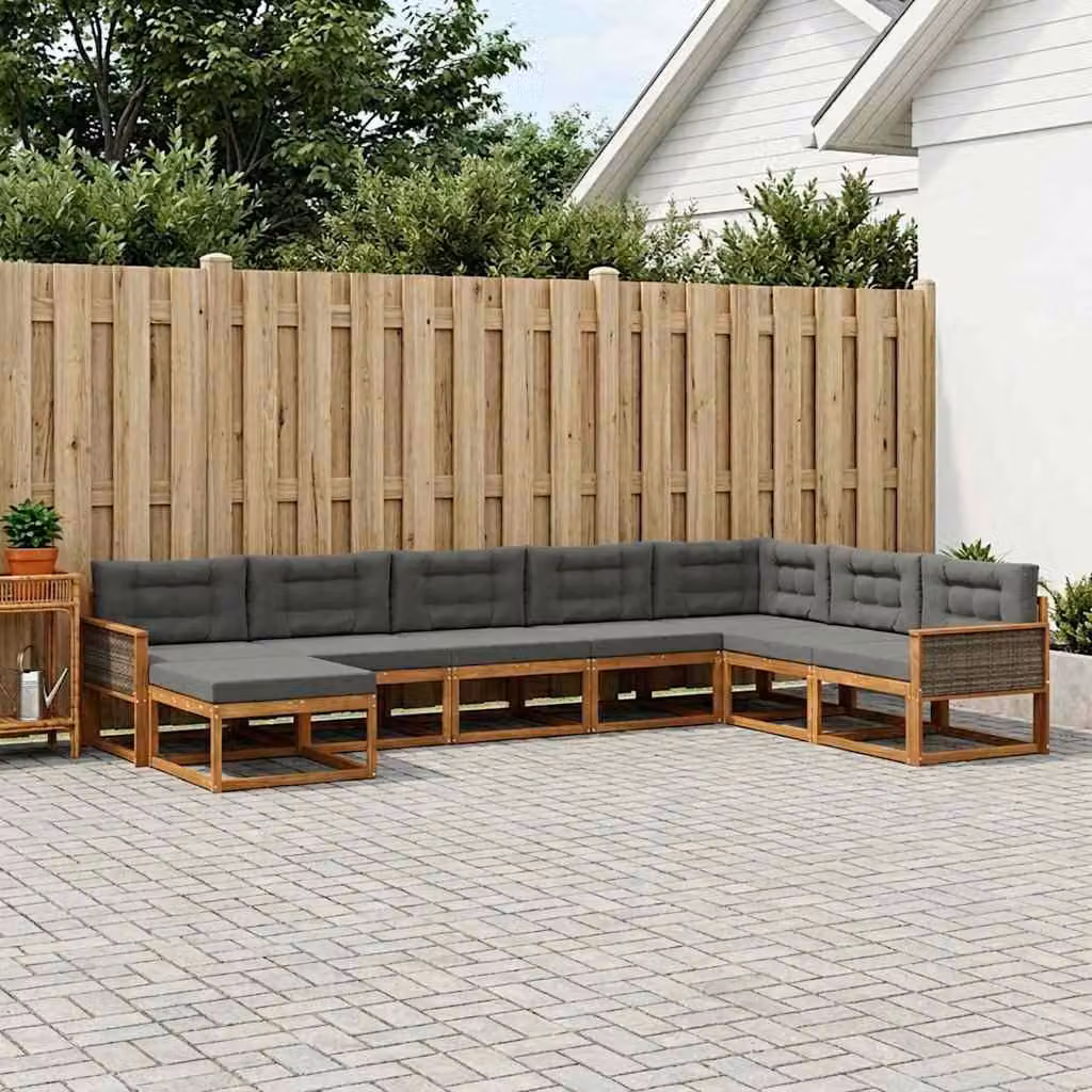 vidaXL Set di divani da esterno a forma di U composto da 8 pezzi in legno di acacia con cuscini, colore marrone e antracite