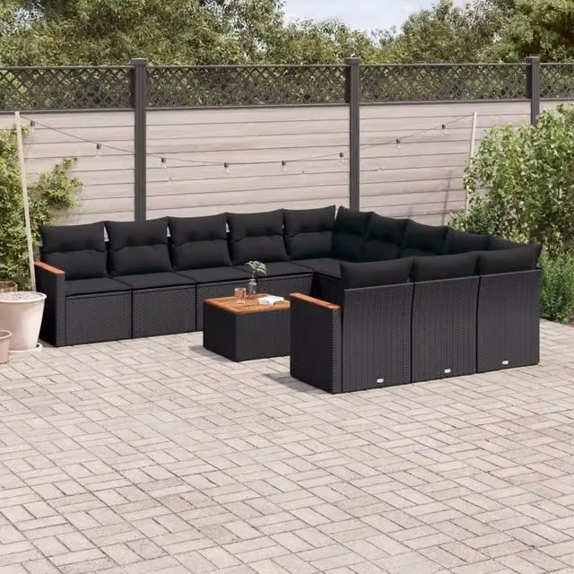 Set di Divani da Giardino VIDAXL a Forma di U in Polyrattan Nero con Cuscini, 12 Pezzi – 1