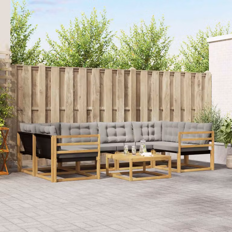vidaXL Set di divani da esterno 7 pz in legno di acacia con tessuto textilene, Bianco e Grigio