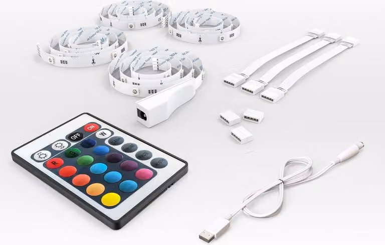 LED TV retroilluminazione, Striscia LED RGB alimentazione USB, set 4 pezzi da 50cm accorciabili, telecomando, 16 colori, 4 modalità, dimmerabile e adesiva, per HDTV e monitor PC, 36 LED, IP20