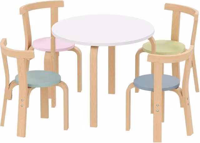 Set di tavolo e sedie per bambini composto da 5 pezzi, in legno massello leggero e colorato.