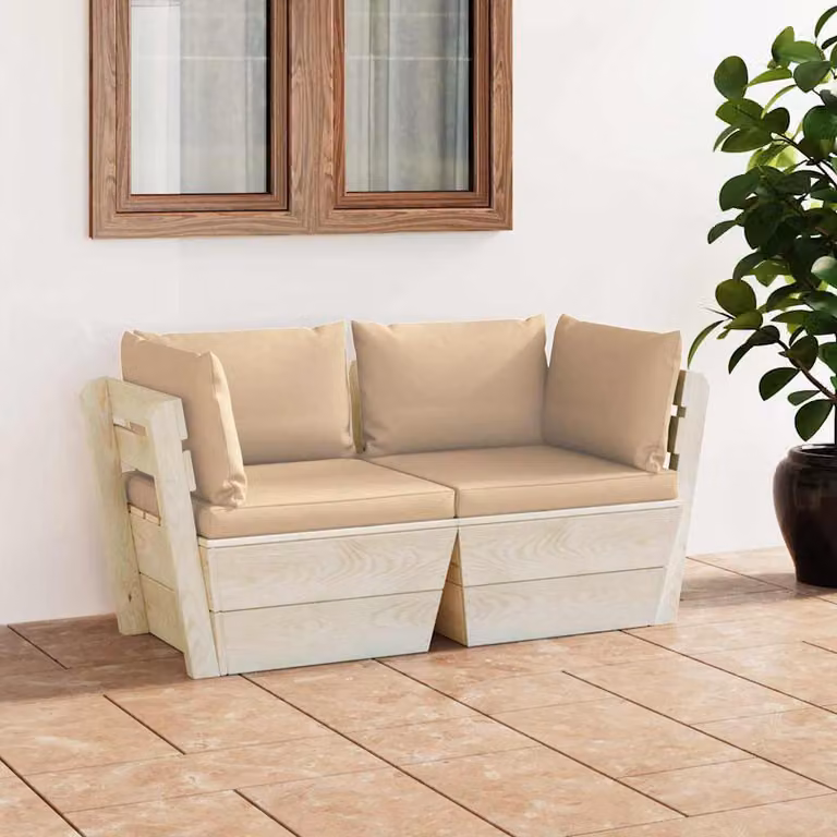 vidaXL Divano da Giardino a 2 Posti su Pallet in Legno di Abete Trattato con Cuscini Beige