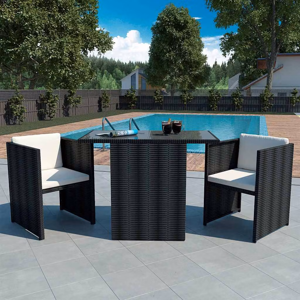 Set da Bistrot vidaXL in Polyrattan Nero con Cuscini e Tavolo in Vetro per Giardino e Terrazzo