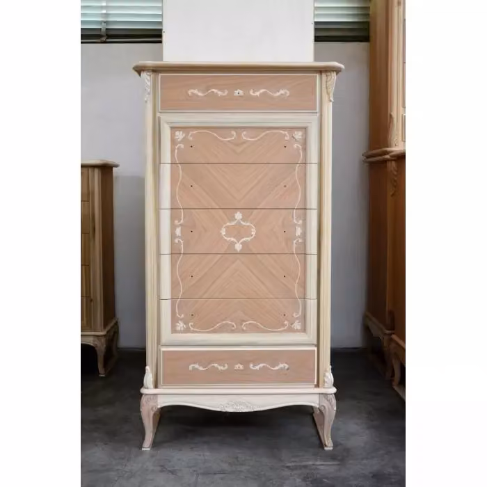 Cassettiera classica in legno grezzo con 7 cassetti Mobili 2G L: 76 cm, P: 44 cm, H: 140 cm