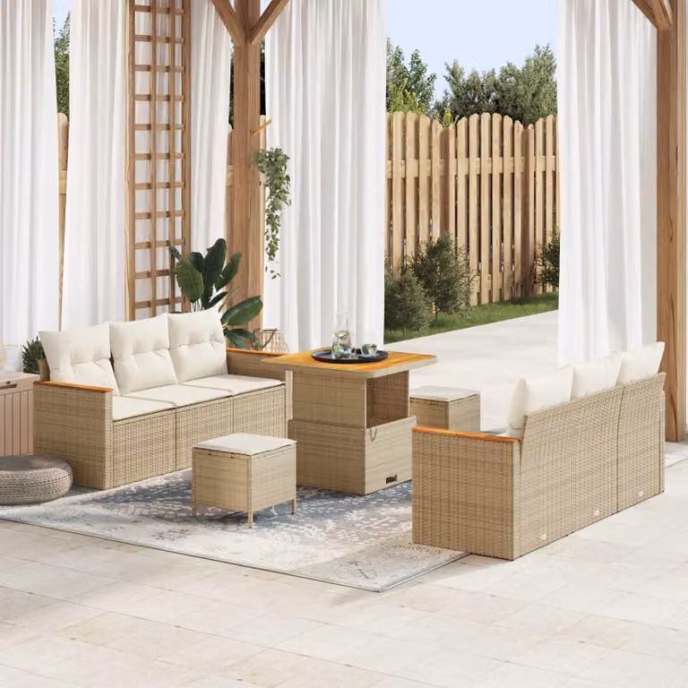 Set Divano da Giardino vidaXL 9 Pezzi in Polyrattan Beige con Cuscini e Tavolino