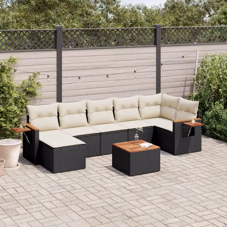 vidaXL Set Divani da Giardino a L in Polyrattan Nero con 8 Pezzi e Cuscini Imbottiti