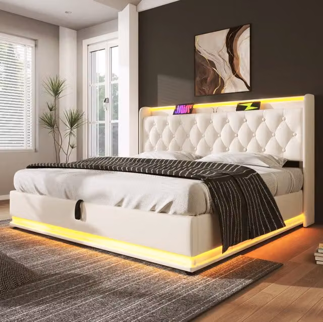 Letto matrimoniale ULEVR 160x200 cm con contenitore idraulico, LED 360¡ã, USB e Type-C, PU bianco