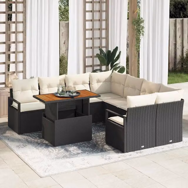 Set Divano da Giardino 9 pz 8-Numero di posti Nero e Crema 3349690