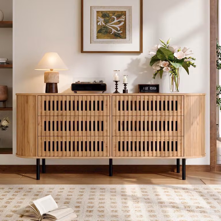 Mobile contenitore laterale Merax con 6 cassetti, design a listelli realizzato in MDF, mobiletto con gambe in metallo, capacità di carico 70 kg, angoli arrotondati, spazio contenitivo, colore naturale