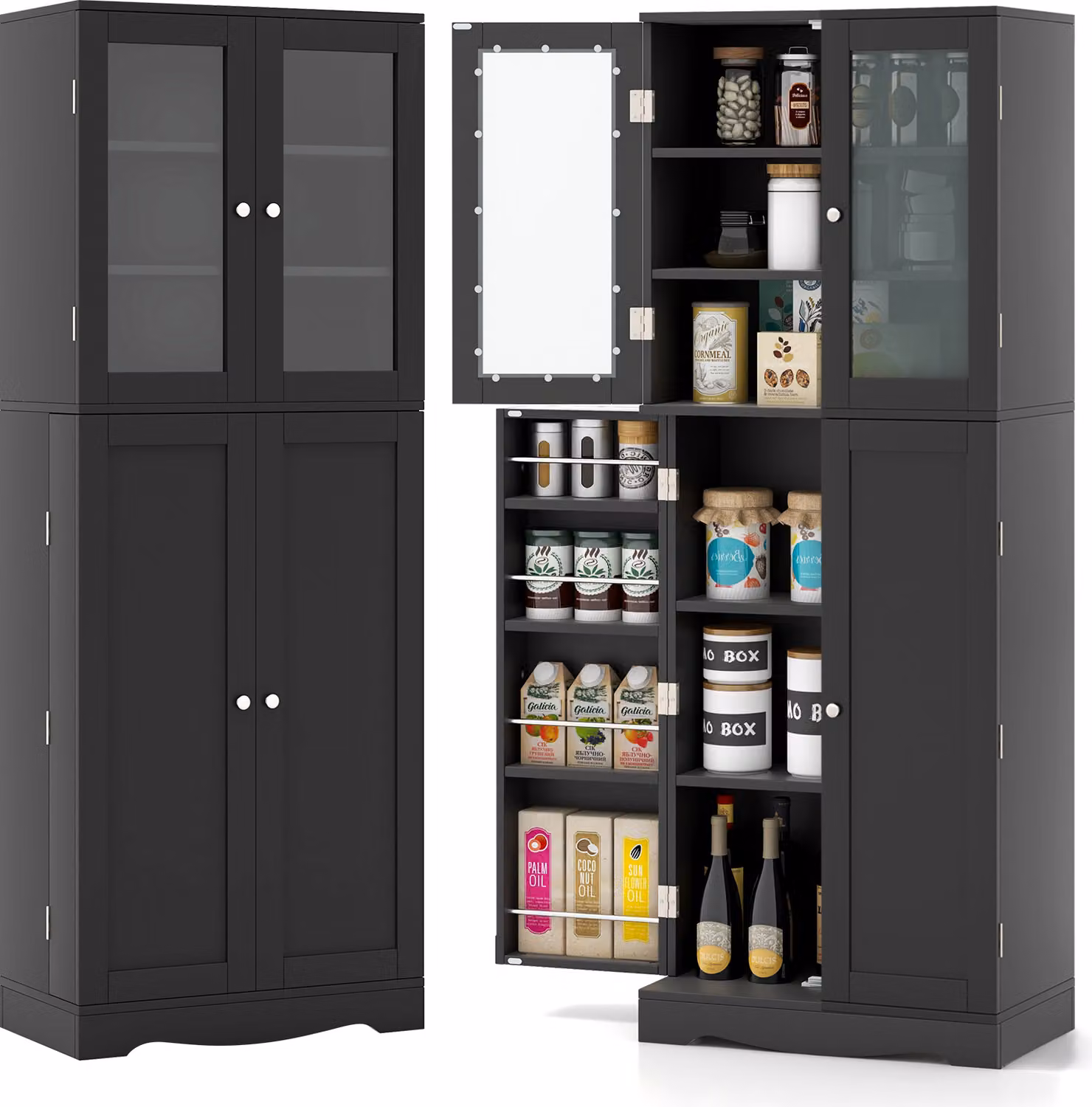 COSTWAY Mobile da cucina con ante in vetro e protezione antiribaltamento, mobile alto, buffet da cucina indipendente, mobile multiuso in legno, 1 pz. nero 60x31,5x161,5cm