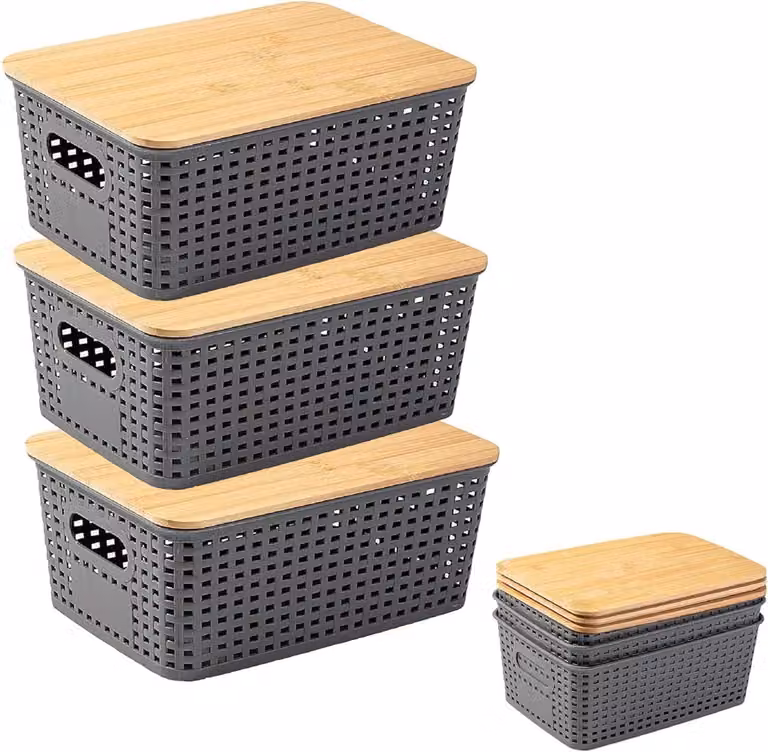 Contenitori di conservazione con coperchio in bambù, set da 3, dimensioni 25x18x10 cm, impilabili, con maniglia, adatti per cucina e bagno