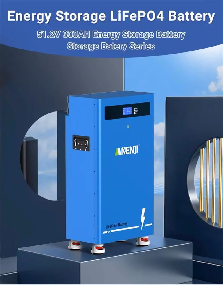 Batteria di accumulo solare - Pacco batterie LiFePO4 ANJ-314AH-S - 51,2V 300Ah - Ricaricabile - Con ruote - Per impianti solari connessi o non connessi alla rete - Spina europea