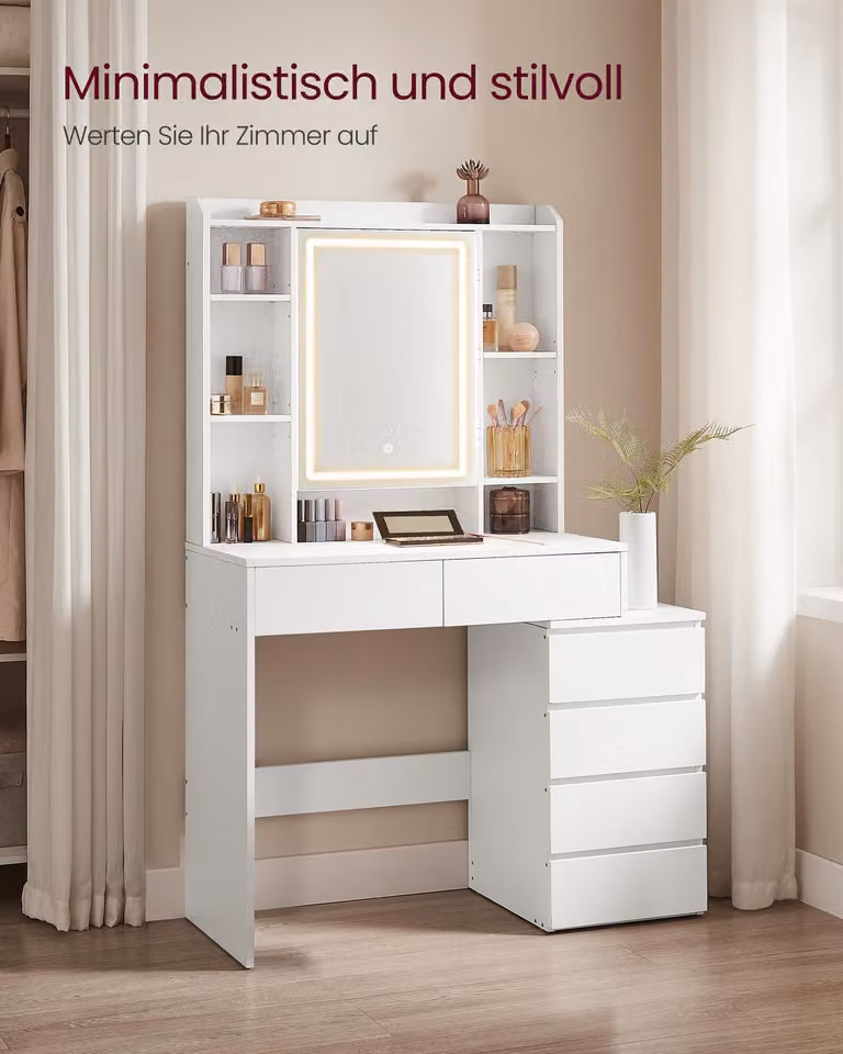 VASAGLE, tavolo da toilette con illuminazione a LED, luminosità regolabile, con 6 cassetti senza sgabello