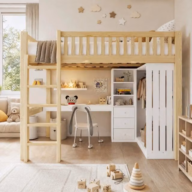Letto a soppalco REDOM con scrivania, armadio e cassetti in legno di pino, colore naturale, beige e bianco, L: 140 cm, P: 200 cm