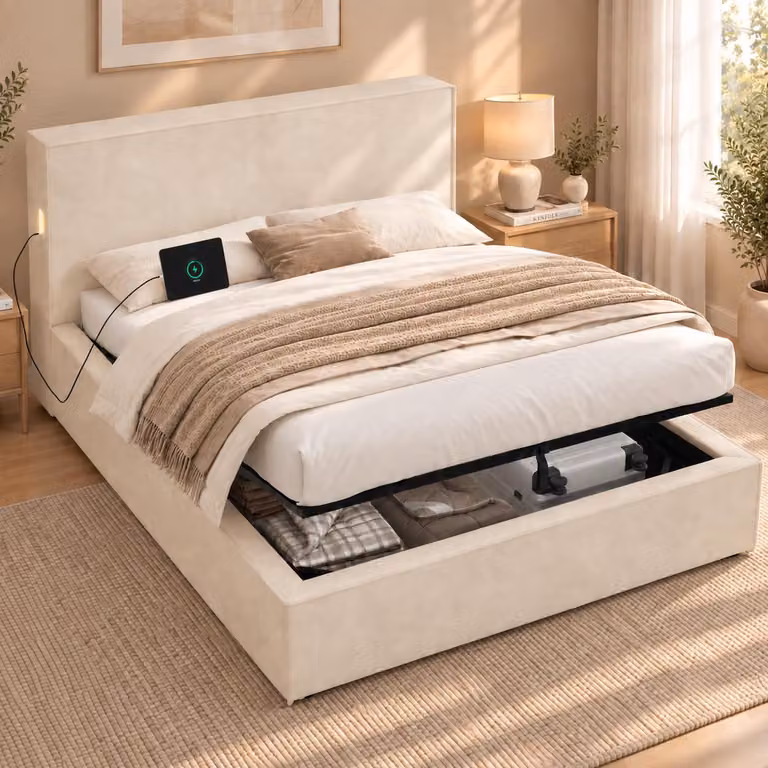 Letto imbottito 120 x 200 cm con rivestimento in velluto e contenitore a sollevamento idraulico – Letto per bambini con imbottitura di 9 cm nella testiera e design a blocco, struttura del letto color beige