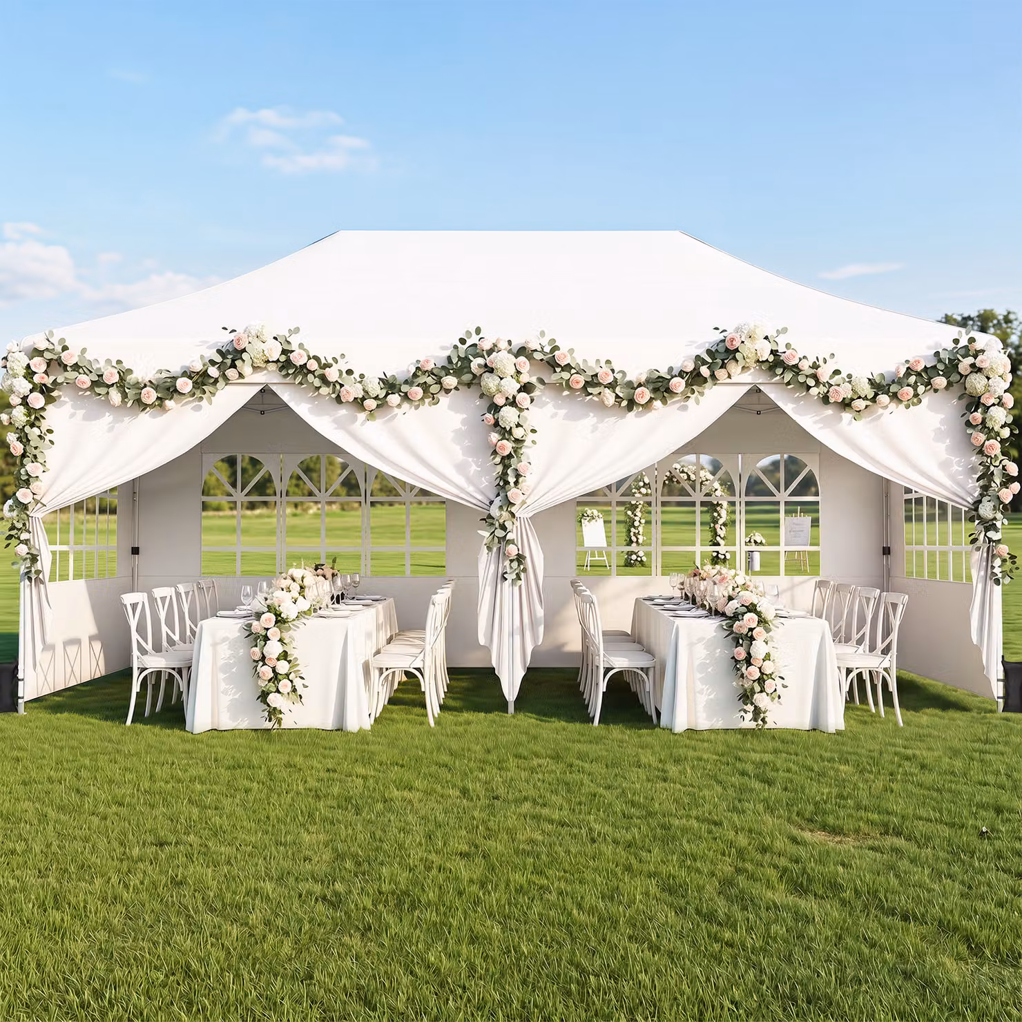 Gazebo da giardino esterno Costway pieghevole con 6 pareti rimovibili e altezza regolabile, Bianco