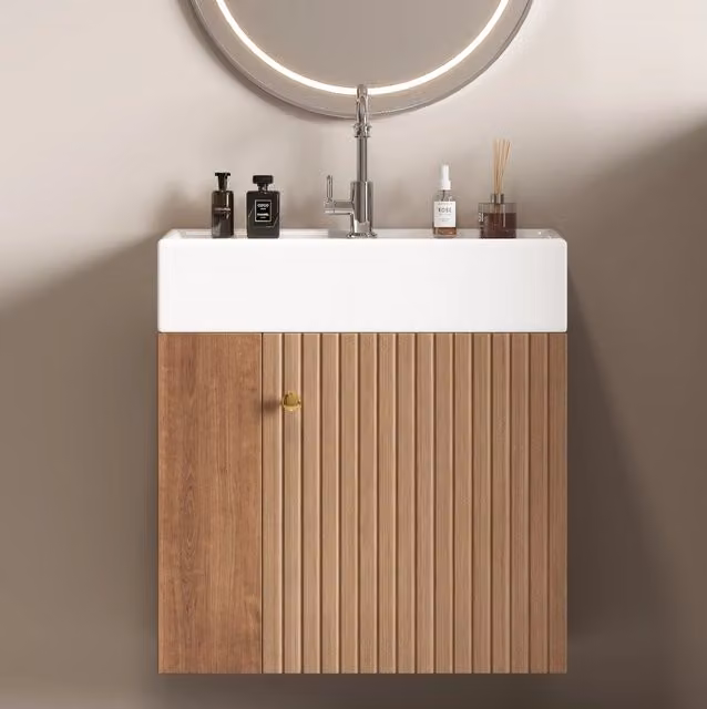 Mobile bagno sospeso bianco con lavabo in ceramica lucida 55 cm per piccoli spazi