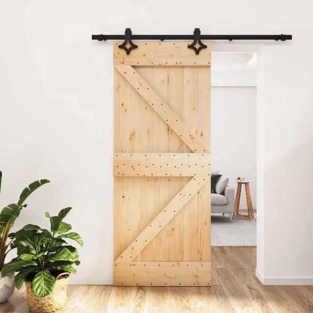 Porta scorrevole moderna vidaXL in legno e acciaio, Colore Naturale e Nero, L: 183 cm, H: 210 cm, P: 16 cm