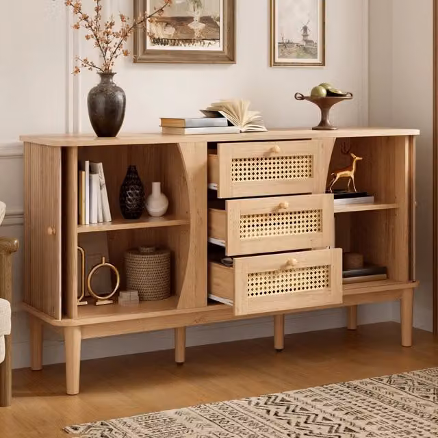 Credenza e madia con 3 cassetti in rattan e ante scorrevoli, ripiani regolabili, naturale, 141 × 40 × 77 cm