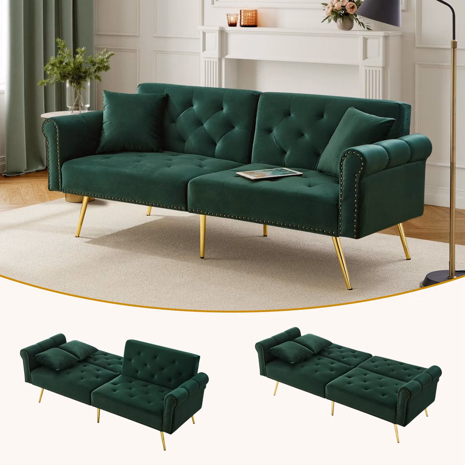 Divano letto ZR Home a 2 posti in velluto verde con piedi dorati e poggiatesta regolabile, L: 173 cm, P: 75 cm, H: 70 cm – 2
