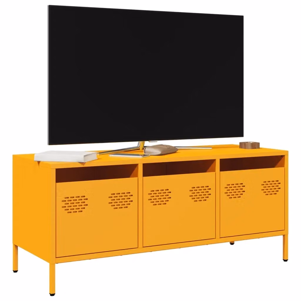 Mobile porta TV in acciaio in stile industrial giallo, L 101,5 cm x P 39 cm x H 43,5 cm – 2