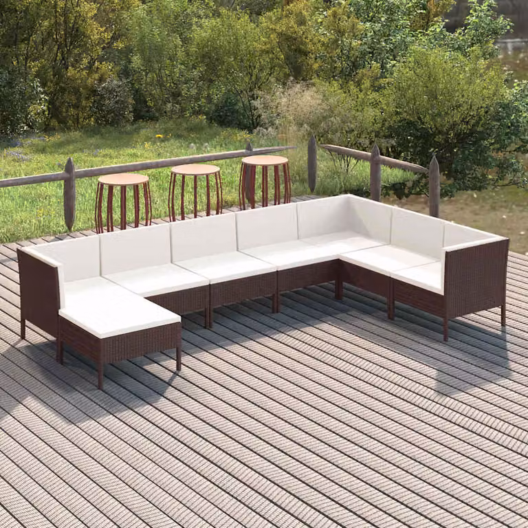 Set Divani da Giardino vidaXL 8 pz a Forma a U in Polyrattan Marrone con Cuscini Bianchi e Struttura in Acciaio