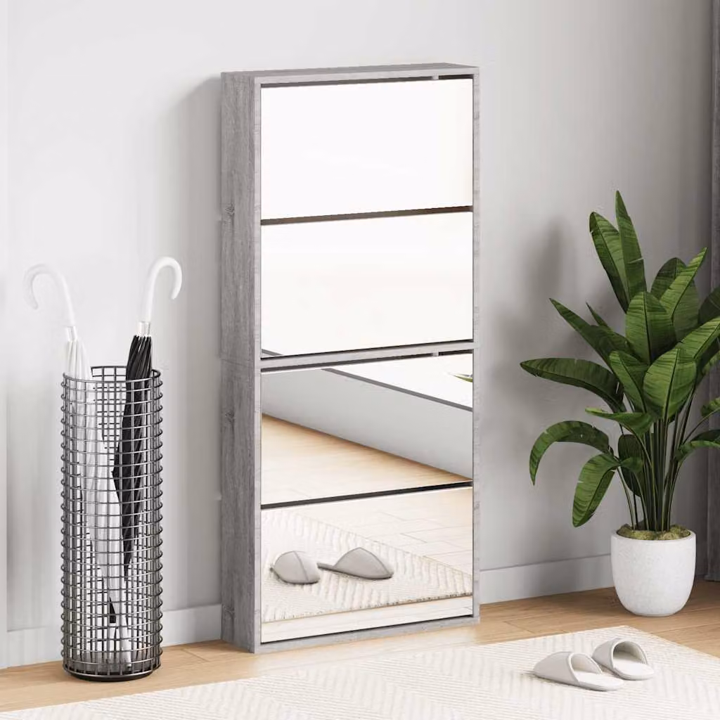 Scarpiera moderna vidaXL con specchio e ante a ribalta, colore grigio, L: 63 cm, P: 17 cm, H: 134 cm – 1