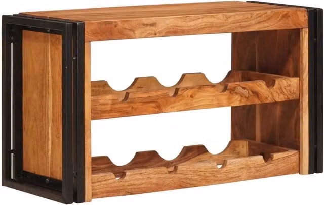 Portabottiglie in legno di acacia massello e metallo marrone stile industrial da appendere al muro L: 80 cm, P: 45 cm, H: 33 cm – 1