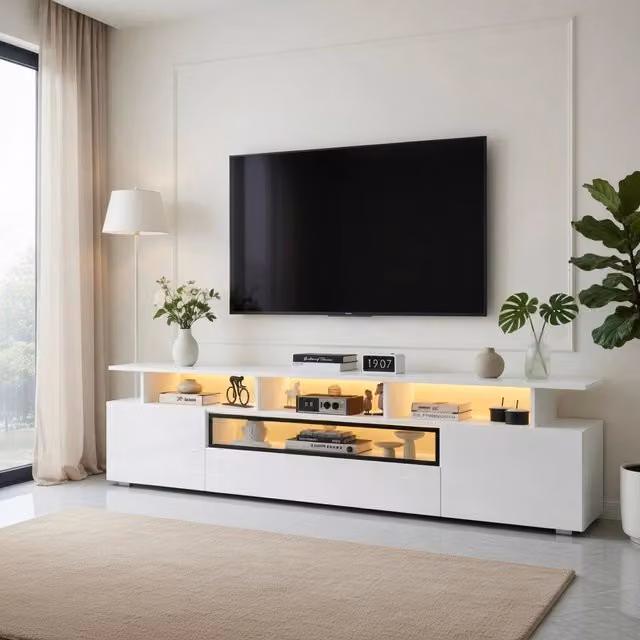 Cassettiera TV bianca lucida in truciolato lunghezza 180 cm