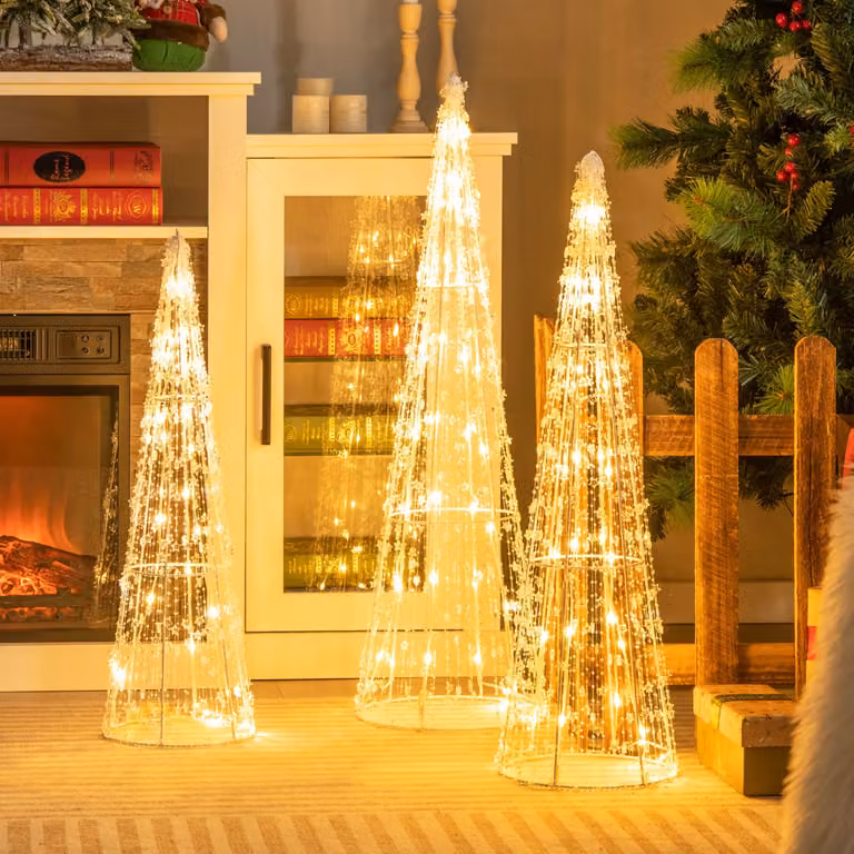 Costway Set alberi conici decorativi natale e set scatole regalo illuminare natale, Set di 3 alberi di natale e 3 scatole di regalo