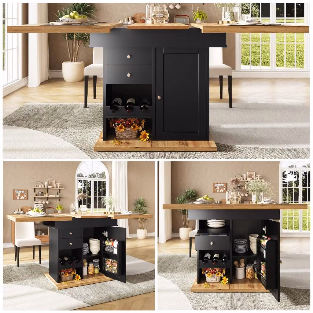 Tavolo allungabile MIVRAY moderno con cassetto e porta snack in MDF nero e marrone, L: 110-140 cm, P: 80 cm, H: 75 cm – 2