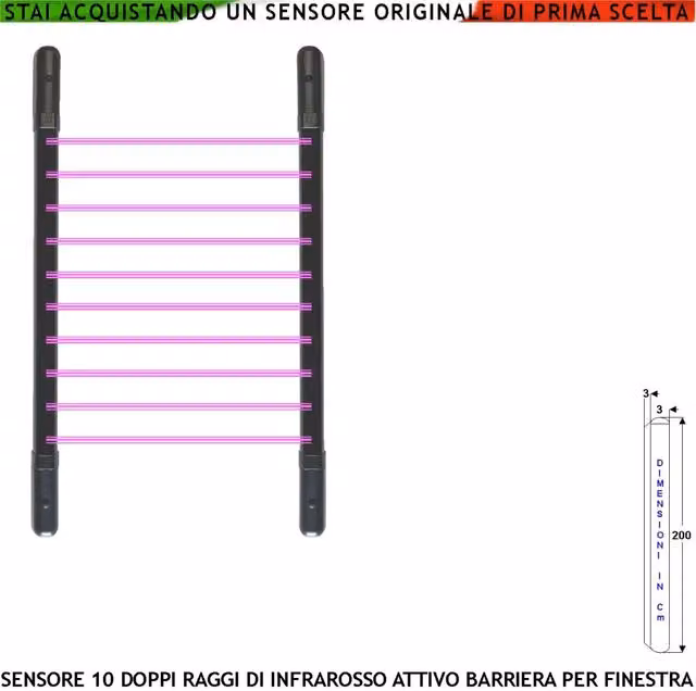 Barriera Infrarossi Attivi Securvera Multifasci con Relè Libero e Tamper, Alimentazione 12V, H 200 cm x L 3 cm x P 3 cm