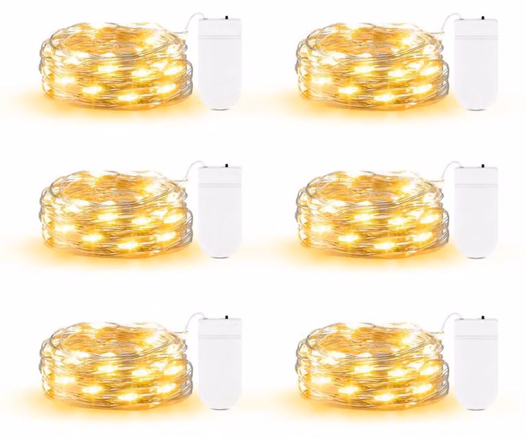Set di 6 micro-catene luminose, lunghezza 2 metri, 20 LED, luce bianco caldo, filo argentato, grado di protezione IP65