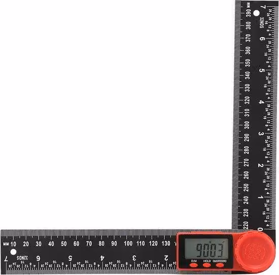 Goniometro digitale con livella a bolla - Angolo a due lati con misurazioni in millimetri e pollici, lunghezza 200 mm - Campo di misurazione da 0° a 360° - Include batteria