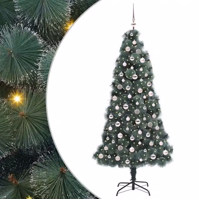 Albero di Natale artificiale preilluminato con LED luce bianca calda e set di palline verde vidaXL