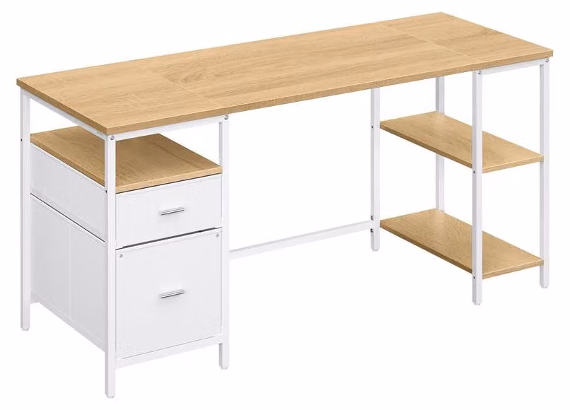 Scrivania per computer con 3 ripiani e 2 cassetti | Colore: noce naturale, finitura bianco nuvola | Dimensioni: 160x60x76 cm