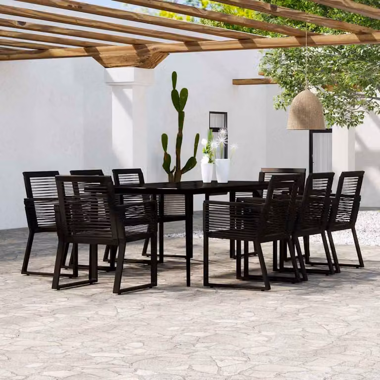 Set da Pranzo per Giardino vidaXL in Acciaio Nero con Cuscini e Tavolo in Vetro, 9 Pezzi
