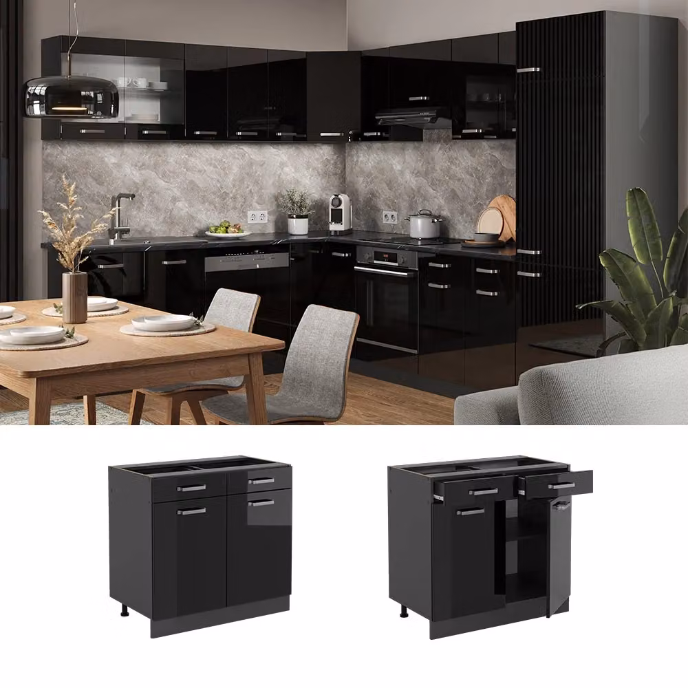 Mobiletto base per cucina Vicco R-Line Nero lucido/Antracite L: 80 cm, H: 76,7 cm, P: 46 cm – 2