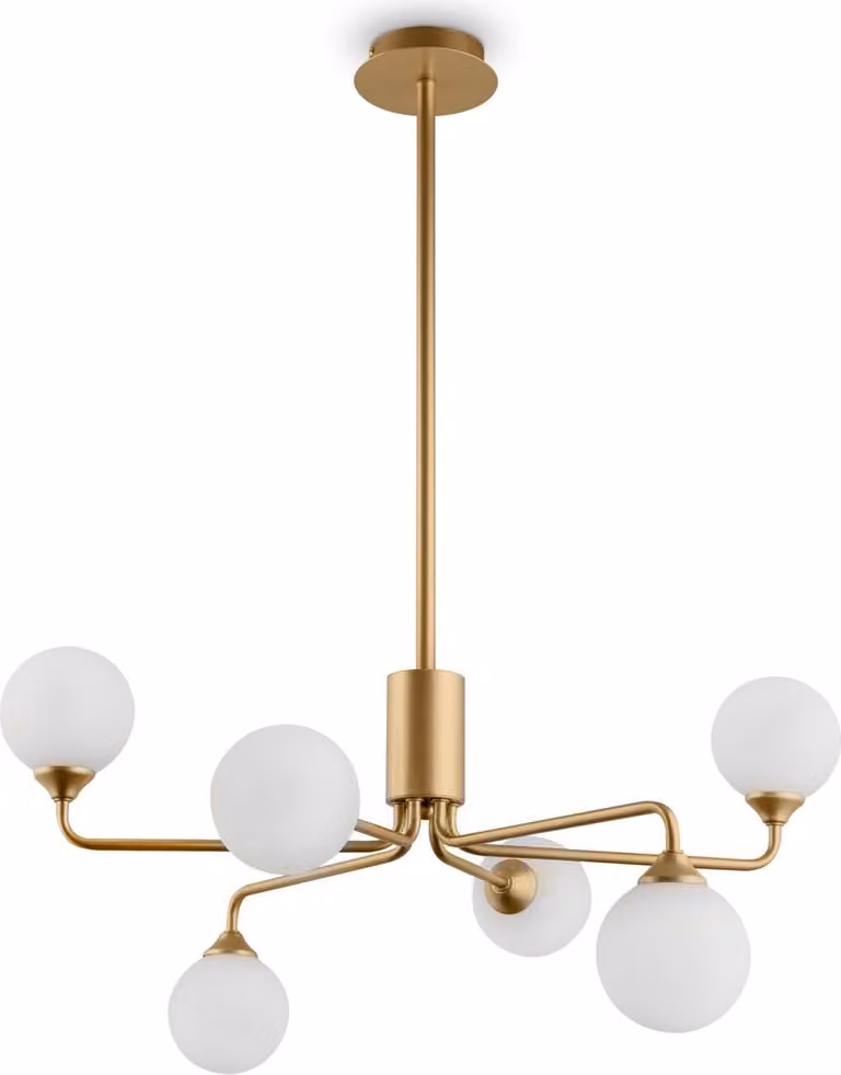 Lampada da soffitto in metallo e vetro L: 65 cm in oro bianco opaco G9 a 6 luci con paralume a globo retrò