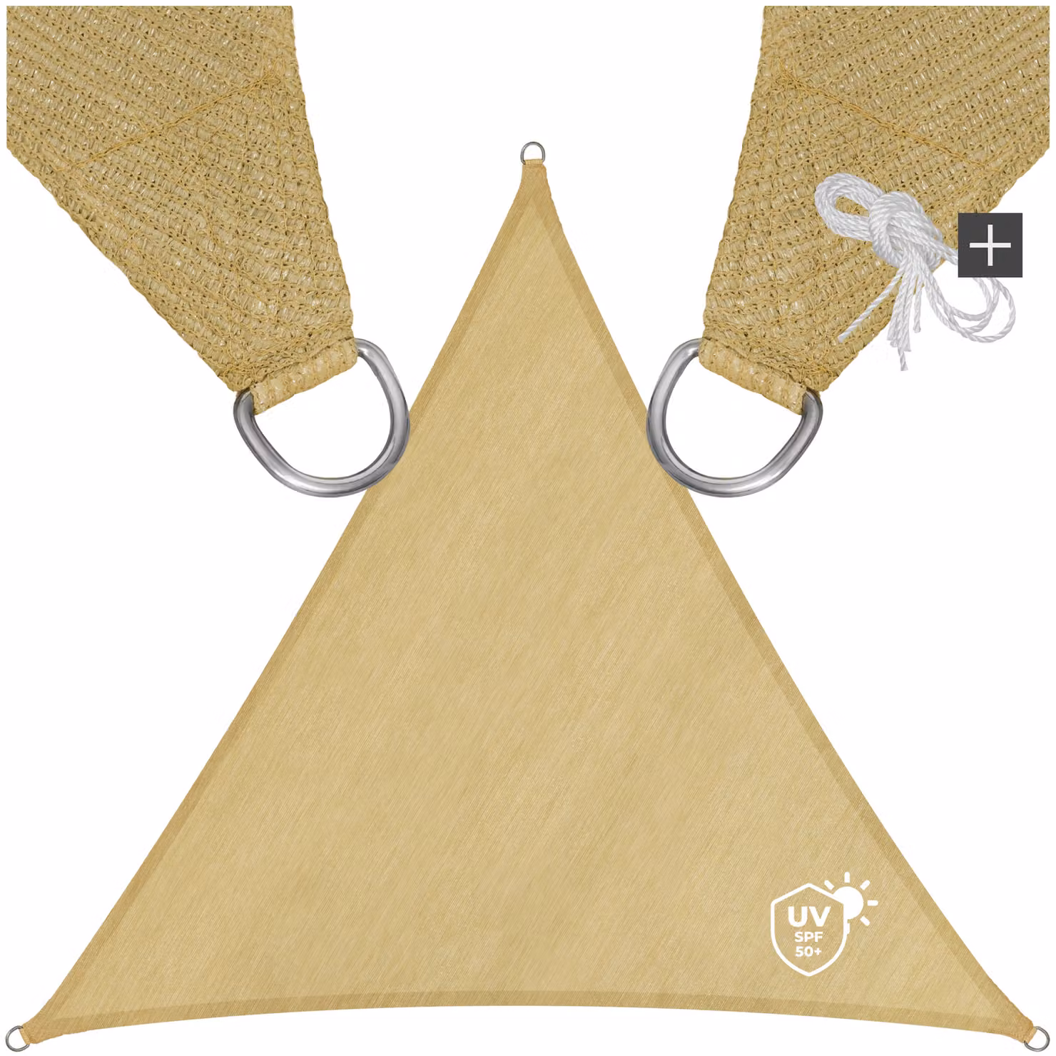 Vela ombreggiante triangolare TecTake GmbH in polietilene HDPE beige con protezione UPF 50+ L/P/H: 3,6 x 3,6 x 3,6 m