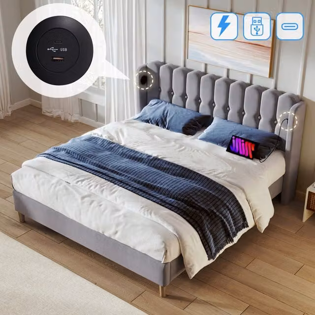 Letto Matrimoniale 160x200 Grigio Effetto Lino con USB Type-C; Testiera Imbottita e Rete a Doghe