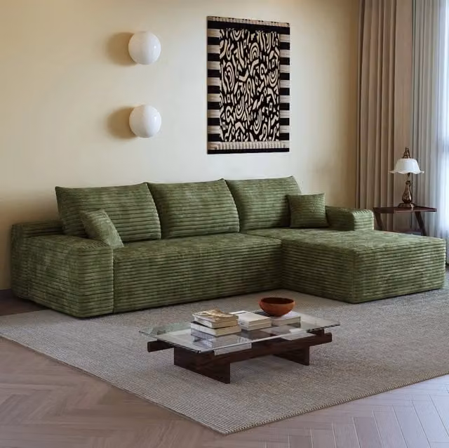 Divano in velluto a coste rigato verde 270 x 175 x 83 cm